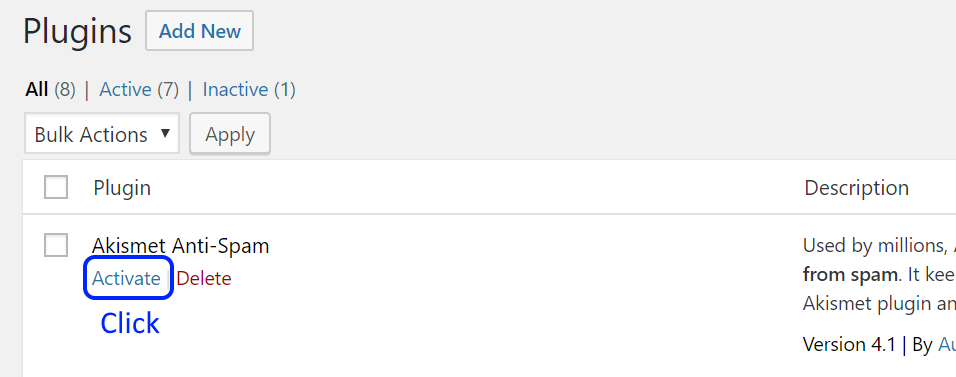 wordpress activate akismet anti-spam plugin step 1