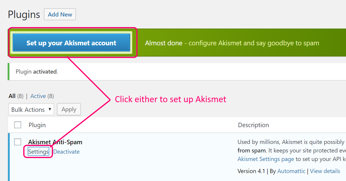 wordpress activate akismet anti-spam plugin step 2