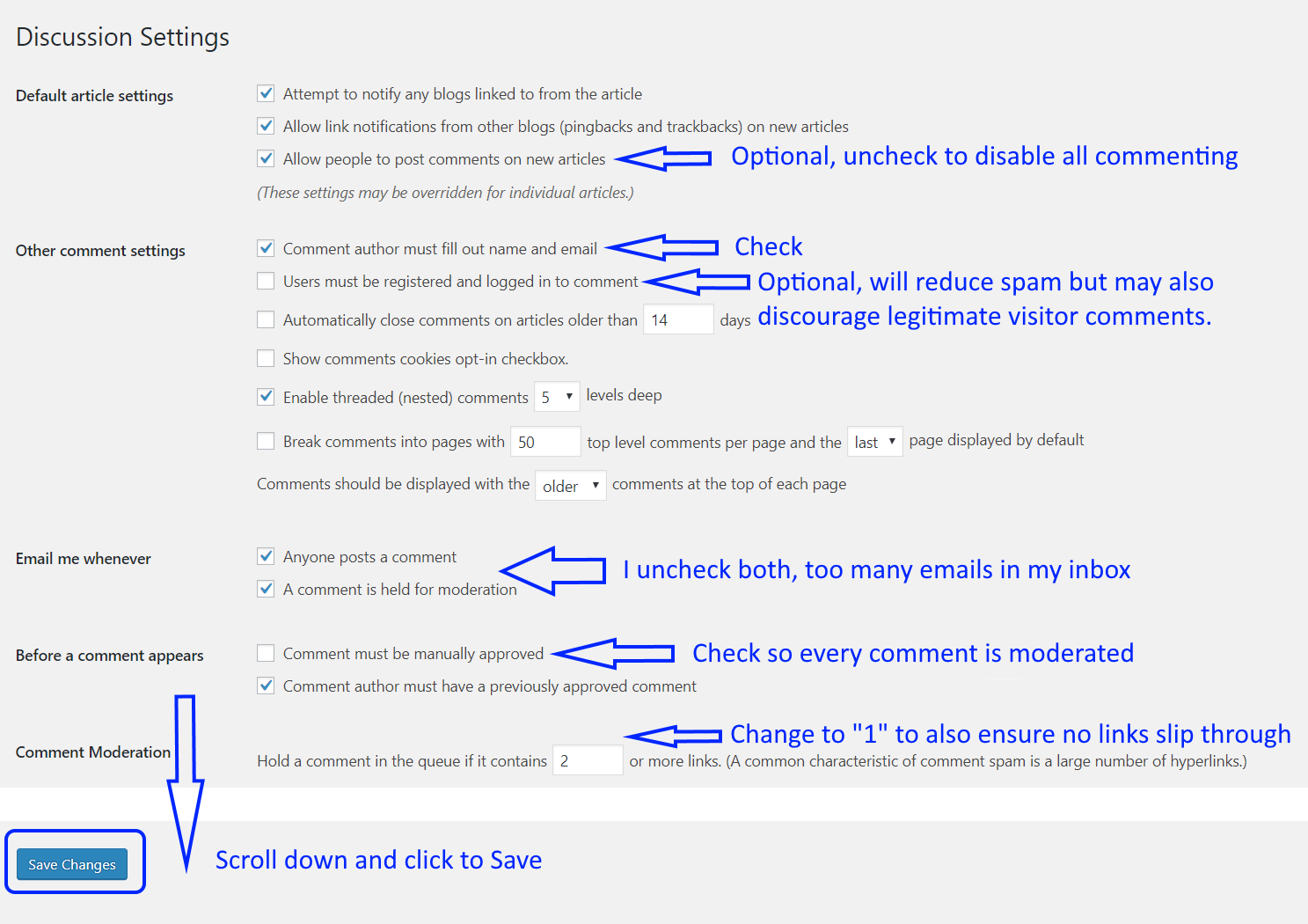 wordpress comment settings to prevent spam comments and moderate comments with links