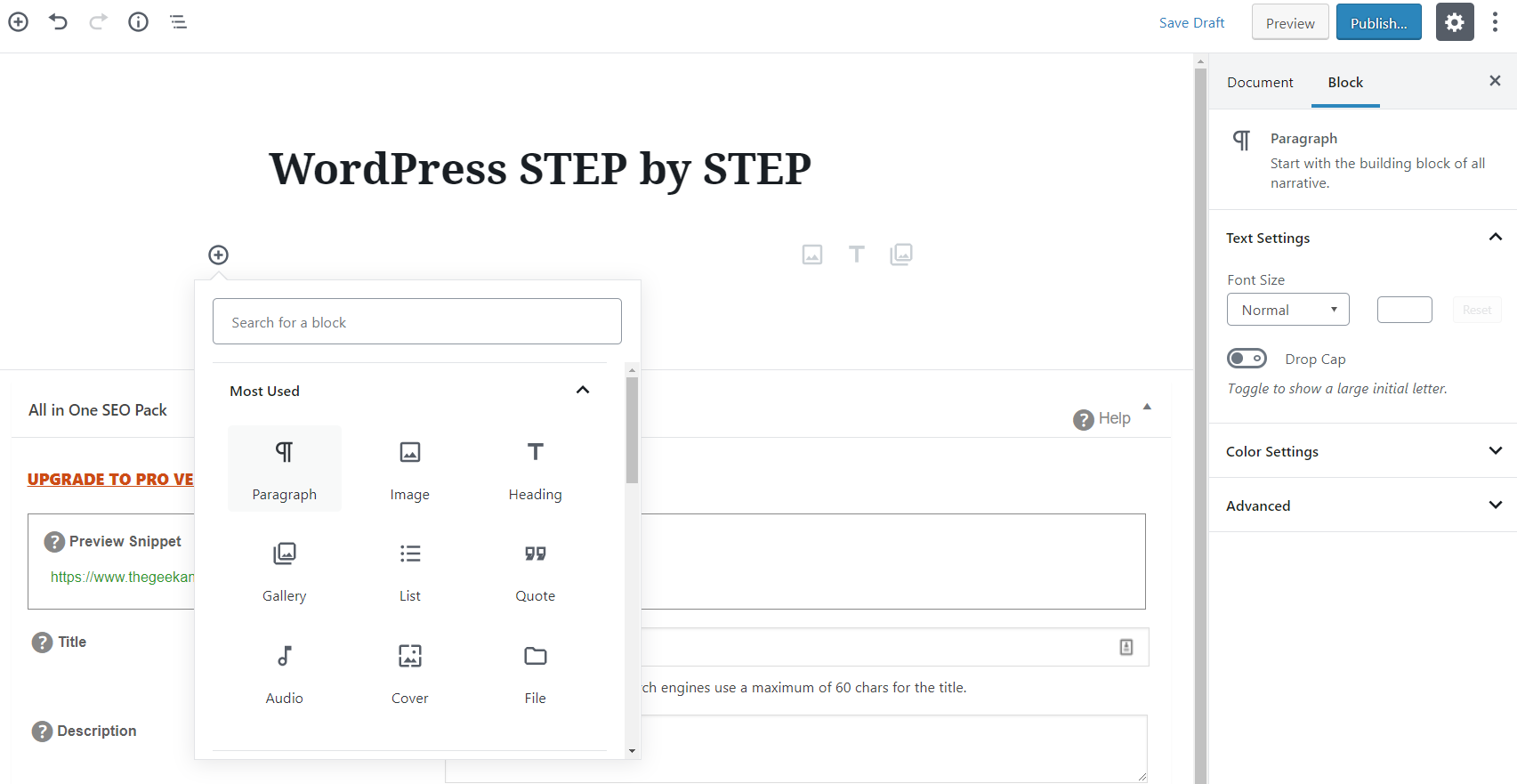 wordpress gutenberg add a new block step 2 select block type