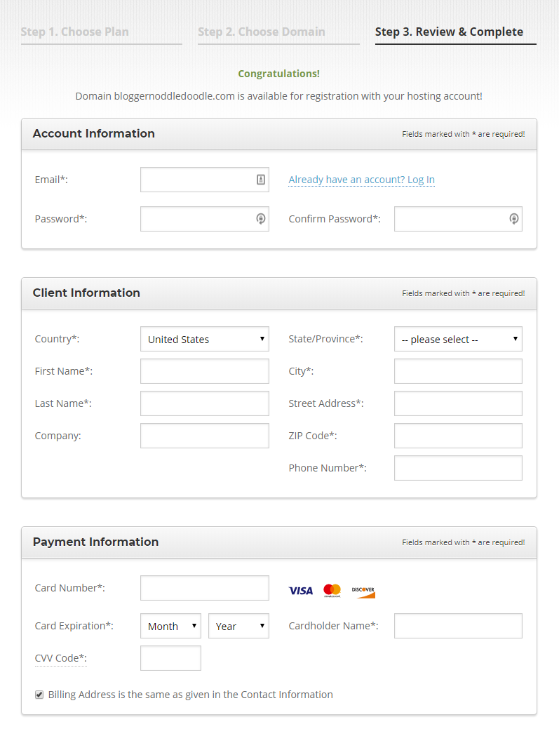 enter account information for wordpress web hosting