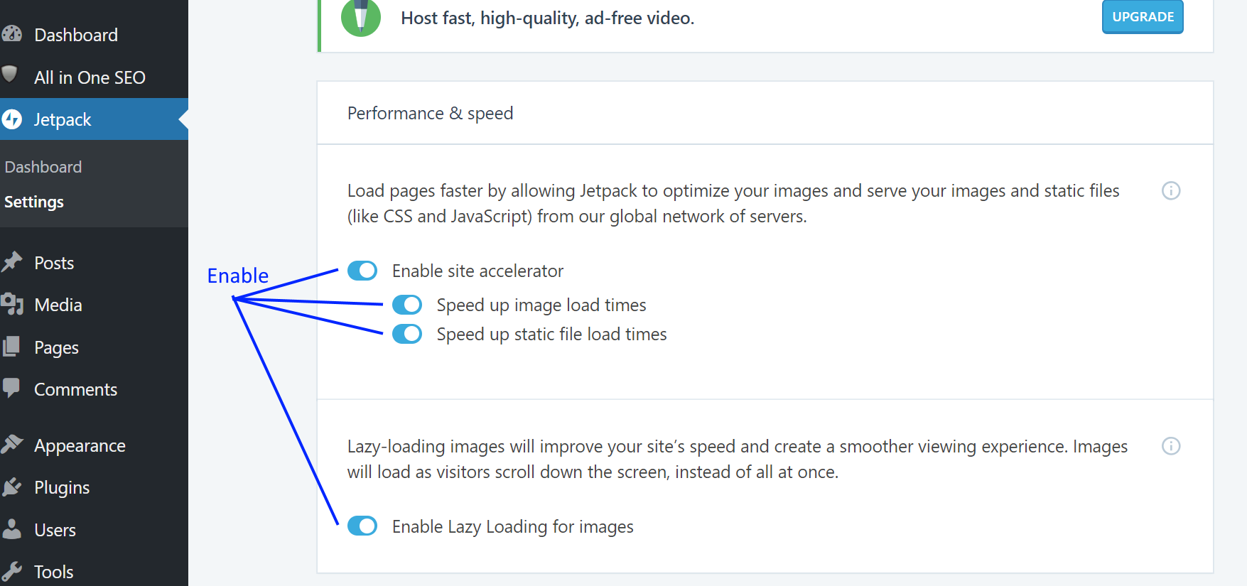 wordpress image optimizations settings screen, site accelerator, lazy load images