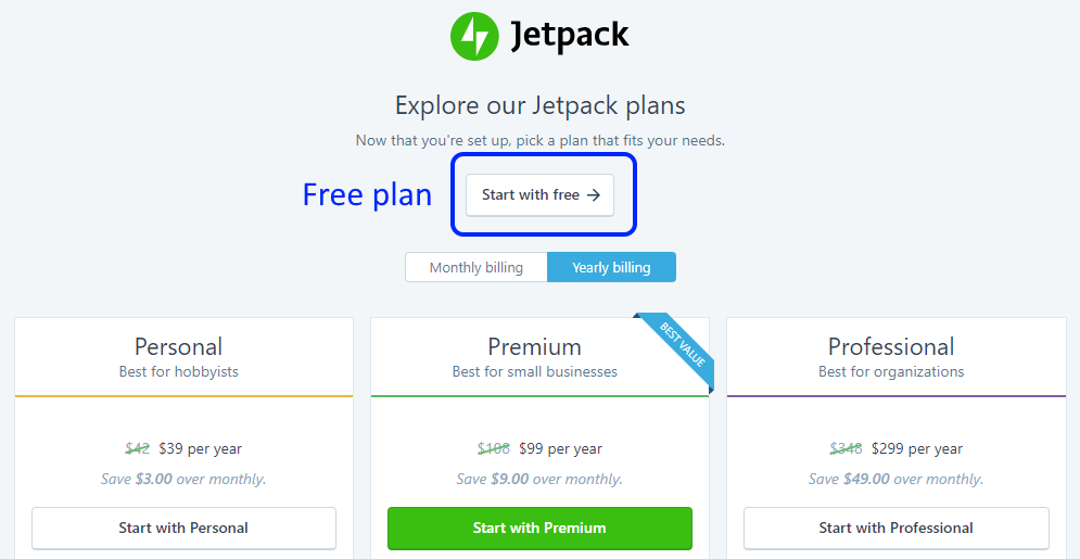 how to select the wordpress jetpack free plan