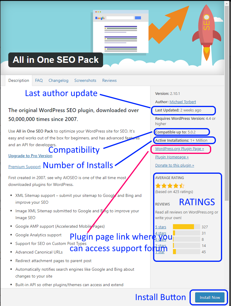 wordpress plugin detail page view and install plugin button