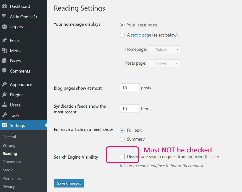 wordpress search engine visability setting discourage search engine from indexing