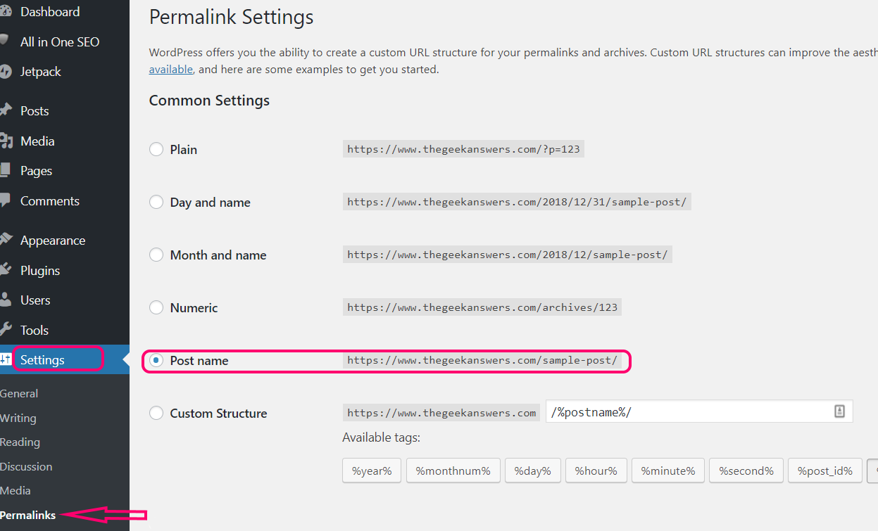 wordpress set permalinks post name without date