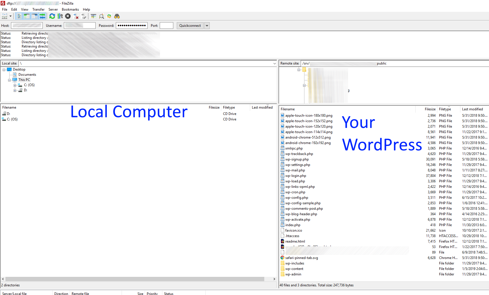 filezilla successful connection to wordpress site screenshot