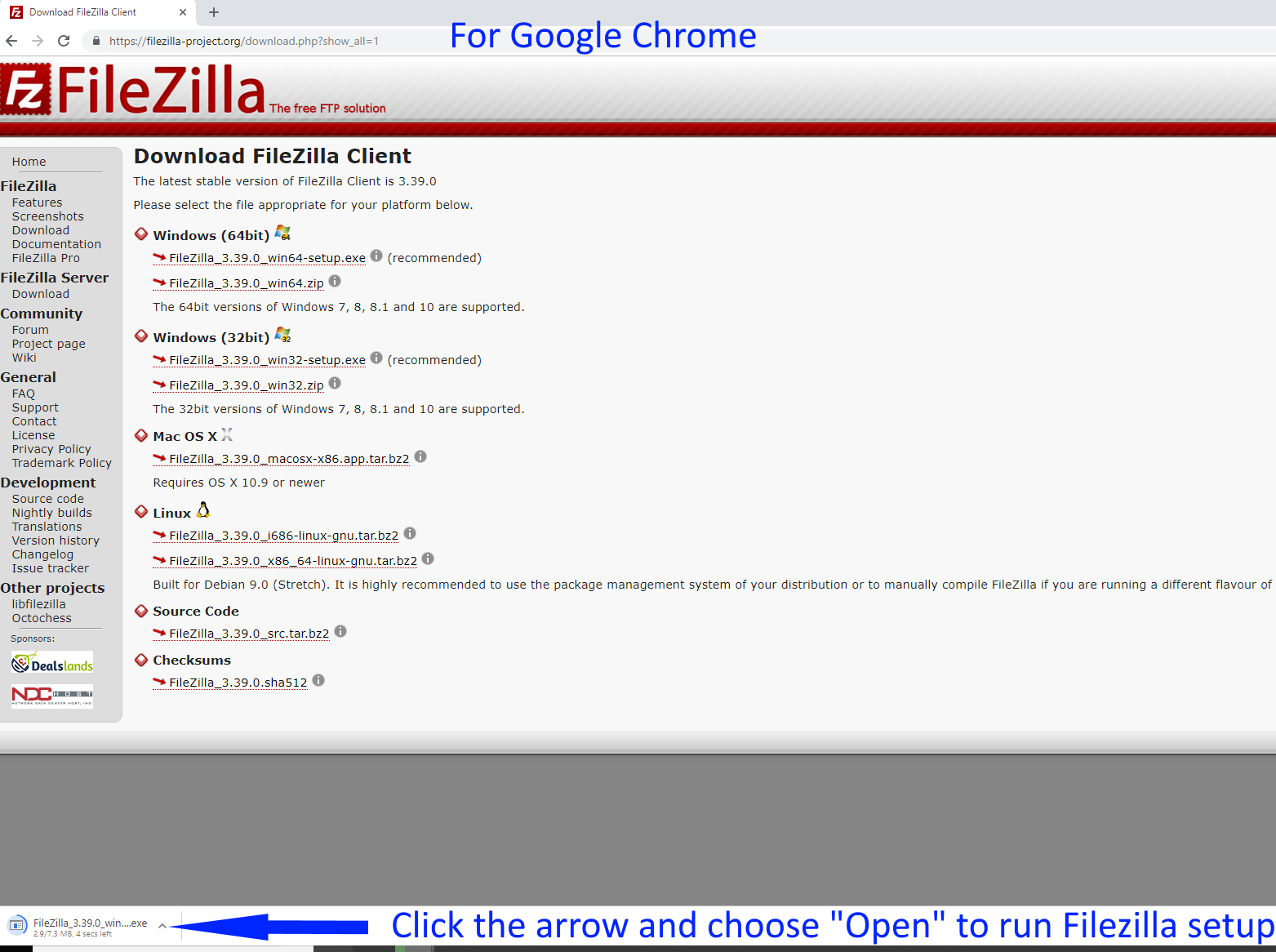 google chome open filezilla download run setup
