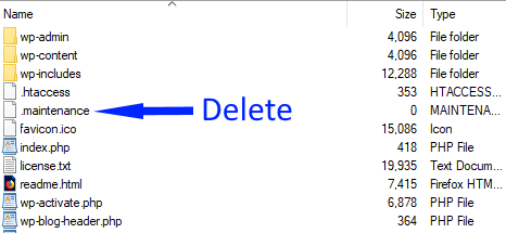 wordpress fix maintenance mode error delete file