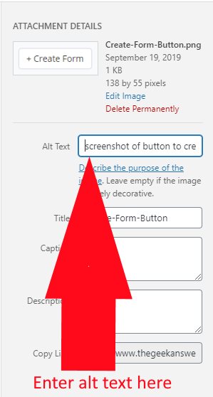 screenshot of where to enter image alt tags in WordPress